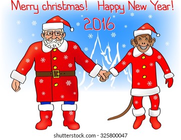 The Year of  Monkey. Santa Claus with the Monkey.Vector illustration. Concept for new year  cards, tickets, branding, logo, label, background.