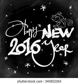 Year of monkey. Sketch with hand drawn text: HAPPY NEW 2016 YEAR. Vector illustration.