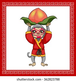 Year of monkey.Happy Chinese new year. Cartoon monkey with peach.