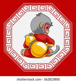Year of monkey.Happy Chinese new year. Cartoon monkey with gold calabash.