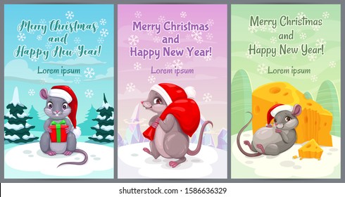 Year of the mouse. Cute Christmas greeting cards with cartoon mice wearing Santa's hats. New year illustrations with funny little rats. Vector templates.
