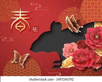 Year of the mouse design with mice silhouette and peony flower on red background, happy rat year written in Chinese words