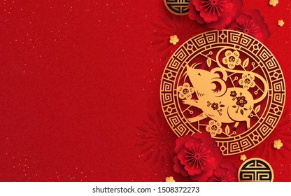 Year of the mouse with paper art mice and flower decoration on red background, copy space for lettering design