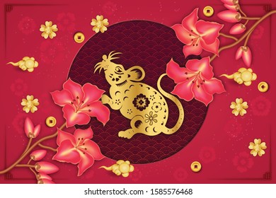 Year of the mouse or rat with paper art mice and pink flower decoration on burgundy red background.