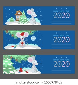 The Year of the Mouse or Rat. Vector. Happy New Year horizontal banner template. 2020 vision for web greetings. Greeting card, party invitation.