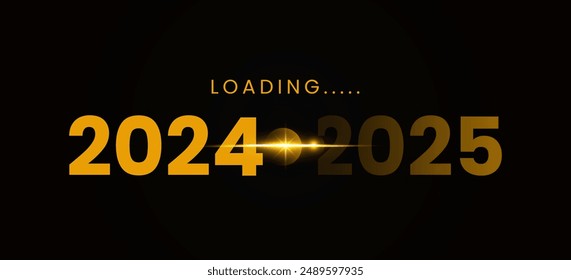 Year moving progress design from 2024 to 2025 with golden light. Loading bar new year 2025. Happy new year 2025 background.