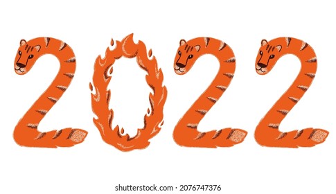 Year number 2022. Chinese year of tiger. Stylized figures in the form of a tiger and a fiery ring. Drawing numbers in the form of a cute tiger with the texture. Modern hand-drawn vector illustration.