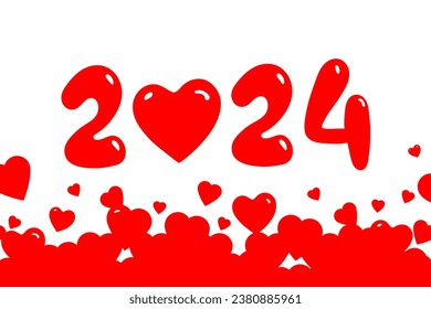 Año y número 2024 como concepto de forma cardíaca. Los corazones rojos como amor, amor propio, romance, bienestar, bienestar o símbolo de salud. Ilustración vectorial de corte.