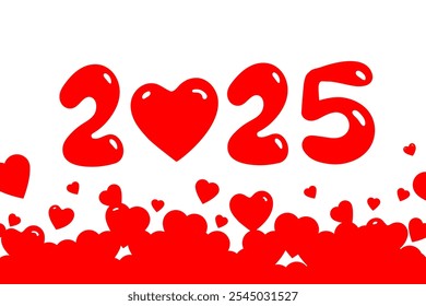 Año y número 2025 como concepto de forma de corazón. Corazones rojos como símbolo de amor, amor propio, romance, bienestar, bienestar o salud.