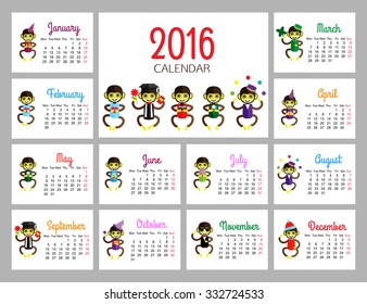 The year on Monkey. Cartoon design calendar for kids. Vector illustration. 