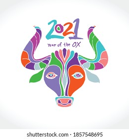 Year of the Ox 2021. Bright multicolored pattern cow head vector illustration. Chinese New Year Greeting Card. Illustration of year of the Ox. Black ink brush calligraphy 2021. 
