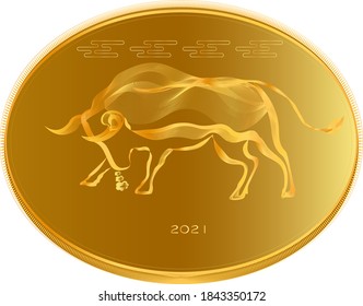 Year of the Ox 2021 concept in gold. Oval shaped gold backdrop with spiked border.