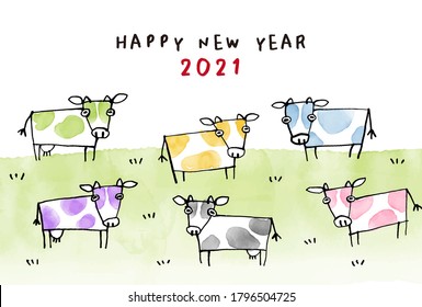 Year of the Ox 2021, hand-drawn New Year's card illustration of colorful dairy cows