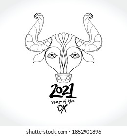 Year of the Ox 2021. Pattern cow head vector illustration. Chinese New Year Greeting Card. Illustration of year of the Ox. Black ink brush calligraphy 2021. 