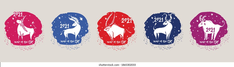 Year of the Ox 2021. Set of vector templates for New Year's design. Lunar calendar, constellation bull. Chinese New Year Greeting Card. 