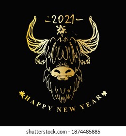 Year of the Ox 2021. Sketch Ox head. Chinese New Year 2021 Greeting Card. Pattern cow golden head vector illustratio of year of the Ox. Black background. 