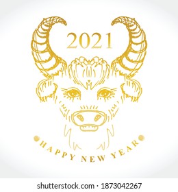Year of the Ox 2021. Sketch illustration of a golden calf. Vector element for New Year's design of 2021 year of the Ox.
