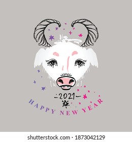 Year of the Ox 2021. Sketch pretty white cow head. Chinese New Year 2021 Greeting Card. Pattern cow vector illustratio of year of the Ox.