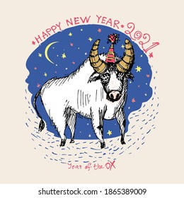 Year of the Ox 2021 sketch vector illustration. New Year Greeting Card. Funny white bull against the background of the starry sky. Illustration of year of the Ox.