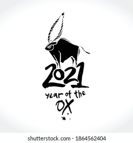 Year of the Ox 2021 vector template. Constellation of the bull. Chinese New Year Greeting Card. Black brush illustration of year of the Ox.

