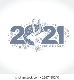 Year of the Ox 2021. Vector template New Year's design on the Chinese calendar. Portrait of a white buffalo against the background of 2021 and snowflakes.