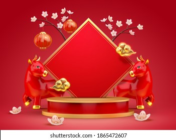 Year of the ox 3d illustration background design with red cows, round podium and blank doufang