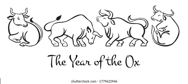 The Year of the Ox. Chinese New Year 2021 zodiac characters. Hand drawn vector sketch illustration set. Isolated on white background