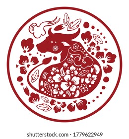 The Year of the Ox. Chinese New Year 2021 composition in circle. Vector papercut silhouette illustration with cow and decorations