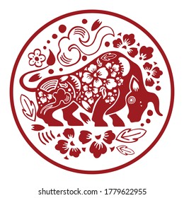 The Year of the Ox. Chinese New Year 2021. Vector ornate papercut silhouette illustration with cow and flowers in circle