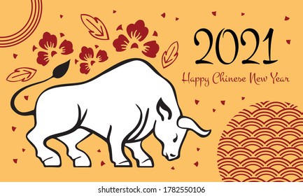 The Year of the Ox. Chinese New Year 2021 design template with wishing. Vector hand drawn ink sketch illustration with standing buffalo and decorations on yellow background