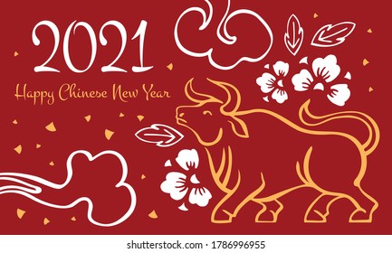 The Year of the Ox. Chinese New Year 2021 design template with wishing. Vector hand drawn ink sketch illustration with cow and decorations. Yellow on red background