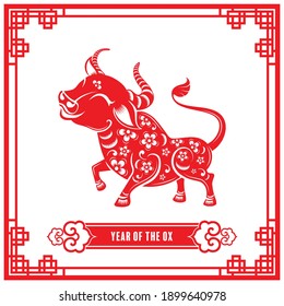 Year of the ox for chinese new year 2021 or chinese fastival , lucky zodiahc lucky of the year red paper cut with craft style on background.