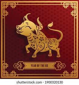 Year of the ox for chinese new year 2021,2033 or chinese fastival , lucky zodiahc lucky of the year red and gold paper cut with craft style on background.