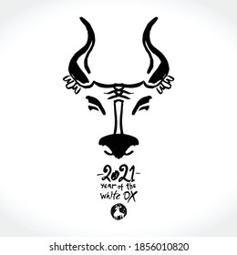 Year of the Ox in Chinese zodiac. Black ink brush calligraphy 2021 and horns. Vector element for New Year's design in flat style. Illustration of 2021 year of the Ox.
