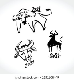 Year of the Ox in Chinese zodiac.2021. Black ink brush calligraphy. Set of vector templates for New Year's design. Illustration of 2021 year of the Ox.

