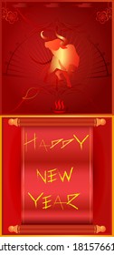 Year of the Ox Happy New Year concept design with a scroll backdrop.