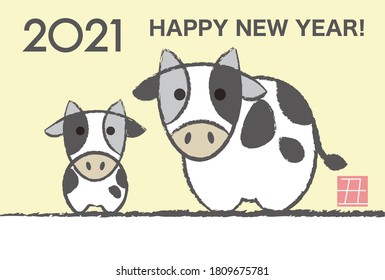 Plantilla vectora de tarjetas de felicitación de Año Nuevo Ox con familia de Ox cartoonish dibujada a mano.