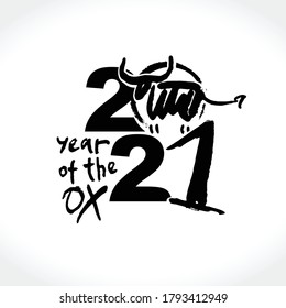 Year of the Ox on the Chinese calendar. Calligraphy symbol of the year 2021. Vector element for New Year's design in flat style. Illustration of 2021 year of the Ox.
