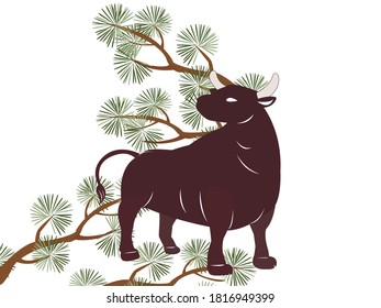 The year of the ox.   Ox and pine tree.