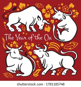 The year of the Ox. Set of Chinese New Year zodiac characters in different poses. Hand drawn vector ink sketch illustration