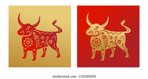 The year of the ox. Vector bull character of the Eastern calendar. Oriental concept of Chinese happy new year 2021. Red and gold colors of the illustration. Golden ox on a red background