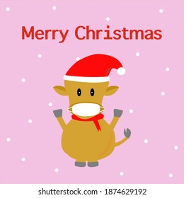 Year of the ox,cow,bull. Cow wear red winter costume for Merry Christmas and happy new year 2021.Ox horoscope sign Concept image of symbol Chinese. Vector