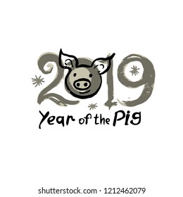 Year of the Pig 2019. Card with cute piglet head and 2019. Funny hand drawn illustration. Vector template New Year's design. 