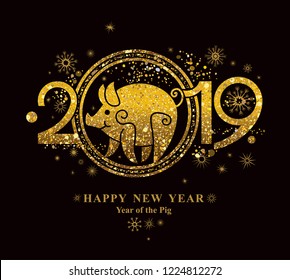 Year of the Pig 2019 in the Chinese calendar. Golden symbol on black. Beautiful New Year card with the symbol of the year Golden Pig.