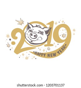 Year of the Pig 2019. Christmas template with a portrait of a cute pig in 2019 and stars. Vector pattern New Year's design on the Chinese calendar. 