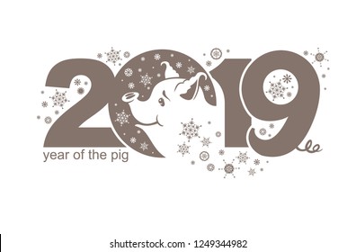 Year of the Pig 2019. Cute piggy smiles at the snowflakes. Vector template New Year's design on the Chinese calendar. 