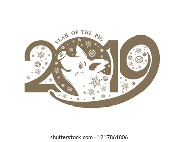 Year of the Pig. 2019. Flat pattern 2019 and smiling pig and snowflakes. Vector template New Year's design on the Chinese calendar.