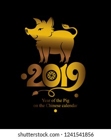 Year of the Pig. 2019. Flat vector template golden boar 2019 on black background for the New Year's design. Pig - symbol of 2019 on the Chinese calendar.