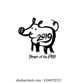 Year of the Pig 2019. Funny hand drawn illustration with a cartoon piglet and handwritten inscription. Vector template New Year's design on the Chinese calendar. 
