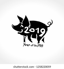 Year of the Pig 2019 hand drawn illustration with pig and handwritten inscription. Vector template New Year's design on the Chinese calendar. 